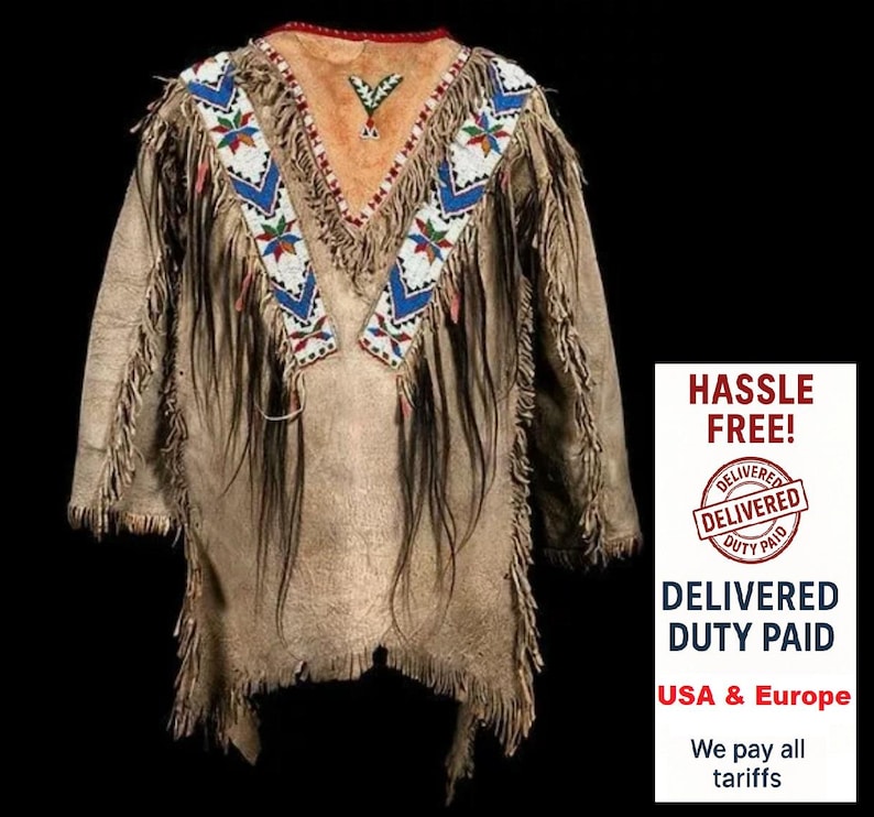 Handgemachtes Büffelleder Kriegshemd: Powwow Regalia mit Perlen Bild 1