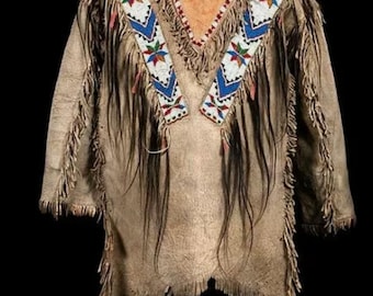 Handmade Buffalo Hide War Shirt: Beaded Powwow Regalia