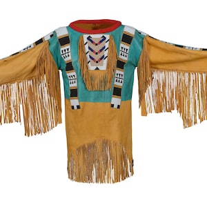 Native-Inspired CowHide War Shirt – Handmade Beaded Powwow Regalia, Traditional Mountain Man Shirt, Powwow Outfit, Rendezvous Attire