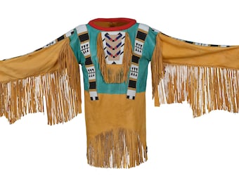 Handmade Suede Leather War Shirt: Beaded Powwow Regalia