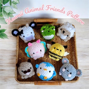 Kawaii Animal Set Crochet Pattern, Facile Crochet Pattern per Principianti, Schema per Bambole all'Uncinetto, Simpatico Schema per Regalo Amigurimi, Schema per Peluche all'Uncinetto