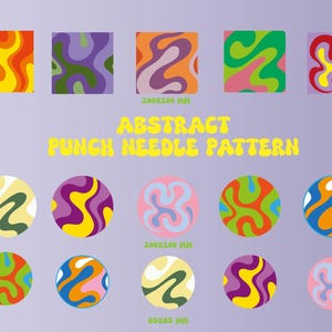 Puede incluir: Diseño abstracto con patrones de remolinos coloridos en cuadrados y círculos. La imagen incluye el texto "ABSTRACT PUNCH NEEDLE PATTERN" en amarillo. Los patrones utilizan colores como naranja, verde, morado y azul. Medidas en mm.
