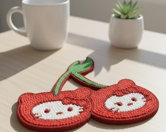 Cherry CAT Punch Needle Pattern – Wall Hanging, Coaster & Pin Badge Template Digital PDF