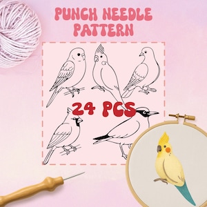 May include: A pink background with the text "PUNCH NEEDLE PATTERN" and "24 PCS". The image features line drawings of birds and a finished embroidery hoop with a yellow and blue bird. A ball of yarn and a punch needle tool are also visible.