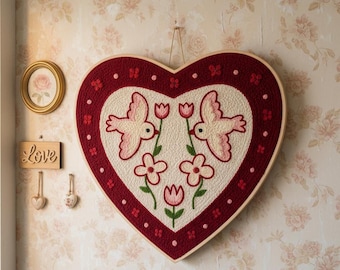 Heart Punch Needle Pattern: Birds & Flowers Folk Art (PDF Download)