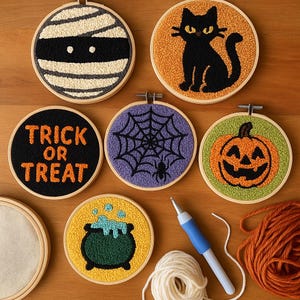 May include: A collection of handmade Halloween-themed embroidery hoops. Designs include a mummy, black cat, spiderweb, jack-o'-lantern, cauldron, and the text "Trick or Treat." Each hoop is round with a wooden frame, showcasing vibrant colors.