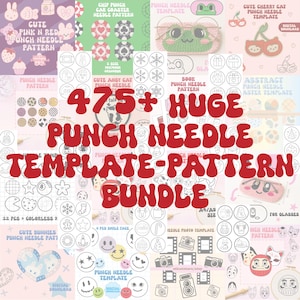 Op de afbeelding: Een verzameling punch needle sjablonen en patronen, met verschillende ontwerpen zoals schattige dieren, bloemen en geometrische vormen. De afbeelding bevat de tekst "475+ HUGE PUNCH NEEDLE TEMPLATE-PATTERN BUNDLE."