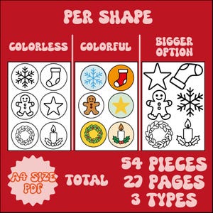 May include: A red graphic with the text "PER SHAPE" and "COLORLESS", "COLORFUL", and "BIGGER OPTION" labels. The image features Christmas-themed circular designs, including snowflakes, gingerbread men, and candles. The text "A4 SIZE PDF" and "54 PIECES TOTAL 27 PAGES 3 TYPES" is also present.
