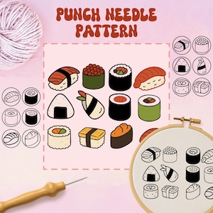 Może przedstawiać: Wzór do haftu igłą z ilustracjami sushi, w tym nigiri i maki. Projekt zawiera tekst "PUNCH NEEDLE PATTERN" w stylu retro. Widoczna jest również kulka wełny i narzędzie do haftu.