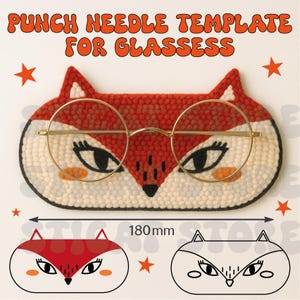 Puede incluir: Una plantilla de aguja mágica para gafas con forma de zorro. La funda de las gafas es roja y crema, con un diseño de cara de zorro y gafas con montura dorada. La funda mide aproximadamente 18 cm de largo.