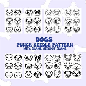 Puede incluir: Ilustraciones de caras de perros en blanco y negro, dispuestas en patrones circulares. La palabra "DOGS" está en azul, con texto que indica un patrón de aguja perforadora, con y sin marco.