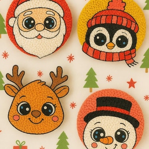May include: Embroidered Christmas ornaments featuring Santa Claus, a penguin in a scarf and hat, a reindeer, and a snowman. Each ornament is round with a detailed, colorful design. The background is white with Christmas-themed patterns.