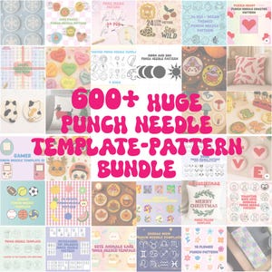 May include: A collection of punch needle patterns, featuring various themes like fruits, animals, and holiday designs. The image includes the text "600+ HUGE PUNCH NEEDLE TEMPLATE-PATTERN BUNDLE".