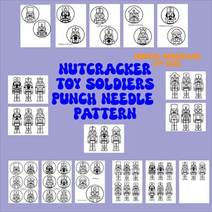May include: A digital download of a punch needle pattern featuring various black and white illustrations of toy soldiers and nutcrackers. The design includes circular and rectangular templates with different soldier designs.