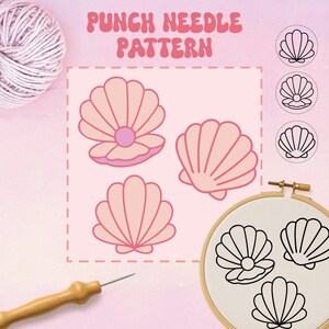 Könnte beinhalten: Ein Punch-Needle-Musterdesign mit Muschelbildern in Rosa und Schwarz. Der Text "PUNCH NEEDLE PATTERN" wird in einer rosa Retro-Schriftart angezeigt. Ein Wollknäuel, ein Punch-Needle-Werkzeug und ein Stickrahmen sind ebenfalls sichtbar.