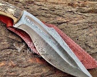 14" Damascus Kukri Knife With Antler Handle And Leather Sheath