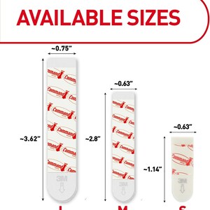 May include: White Command strips in three sizes: Large (3.62" long), Medium (2.8" long), and Small (1.14" long). Each strip has the "Command" logo and 3M branding. The text "AVAILABLE SIZES" is at the top.