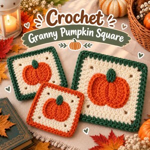 Padrão de crochê para quadrado de abóbora da vovó – Aplique fácil de outono, porta-copos de Halloween para download digital em PDF.