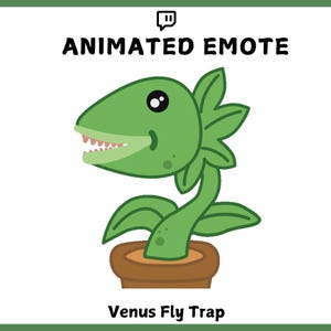 May include: Animated Twitch emote featuring a green Venus flytrap with a toothy grin and large, round eyes. The plant is in a brown pot with a green stem and leaves.