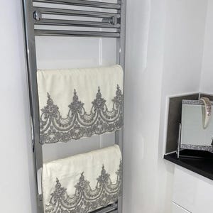 Light Cream Hand Towel Set of 4 – Metallic Grey Lace – Velvet Cotton Towels – Turkish Luxury Bathroom Gift Idea