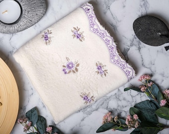 Luxury Cream Turkish Cotton Hand Towels Lilac Floral Embroidered Set of 4 Elegant Guest Towels Royal Bathroom Decor Housewarming Gift