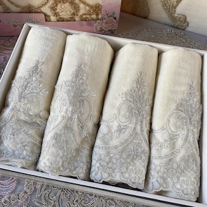Cream Hand Towel Set of 4 – Silver Lace Embroidery – Velvet Cotton – Luxury Turkish Bathroom Towels – Elegant Gift Set
