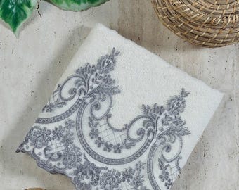 Cream Turkish Cotton Hand Towels with Dark Grey Lace - Set of 4