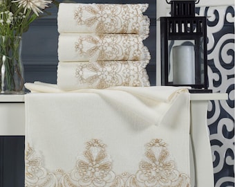 Turkish Cotton Hand Towel Set: Light Cream with Gold Lace