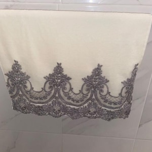 Light Cream Hand Towel Set of 4 – Dark Metallic Grey Thread Lace – Velvet Cotton – Turkish Elegant Bathroom Towels