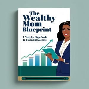Może przedstawiać: Okładka książki z białym tłem i zielonymi i niebieskimi akcentami. Tytuł to "The Wealthy Mom Blueprint: A Step-by-Step Guide to Financial Success". Na okładce znajduje się ilustracja kobiety w niebieskim garniturze trzymającej tablet.