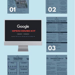 Pode incluir: Um guia de marketing digital para open houses imobiliárias. A imagem mostra um ecrã de computador com o logótipo Google Open House Kit, juntamente com vários formulários e listas de verificação. Os formulários incluem folhas de inscrição, listas de verificação de agentes e formulários de feedback.
