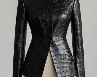 Chaqueta de piel de cocodrilo negra para mujer, corte entallado estilo western