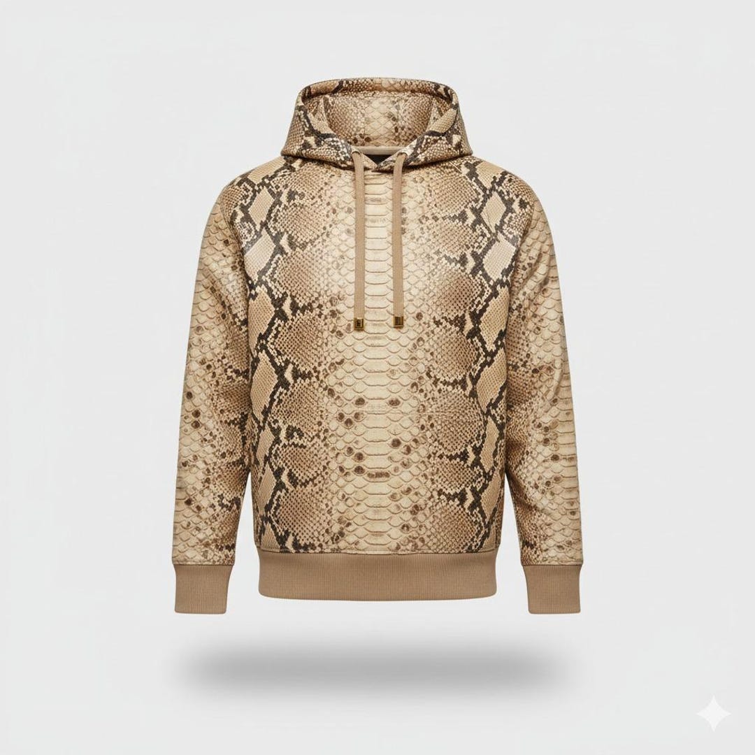 Men's Beige Python-embossed Leather Hoodie, Exotic Leather Pullover - Etsy