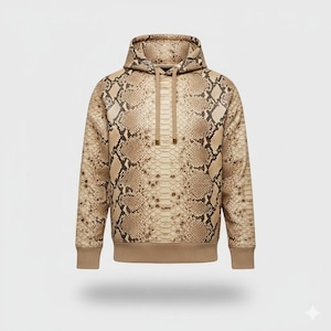 May include: A tan hoodie with a snakeskin pattern. The hoodie has a drawstring hood, long sleeves, and ribbed hem and cuffs. The snakeskin pattern is a mix of tan, brown, and black, creating a realistic reptile skin effect. It is a casual garment.