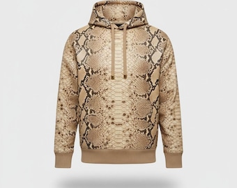 Herren Beige Python-Embossed Leder Hoodie, Exotischer Leder Pullover