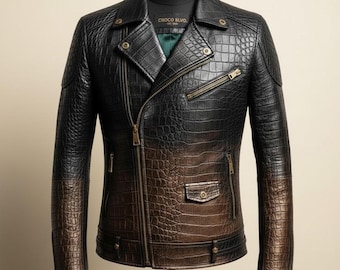 Men's Black and Brown Ombre Crocodile-Embossed Leather Biker Jacket Two Tone