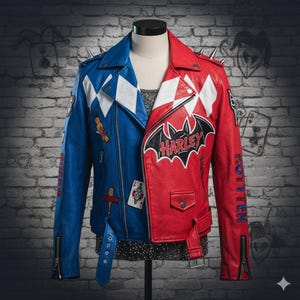 May include: A two-tone blue and red leather jacket with silver spikes on the shoulders. The jacket features white diamond patterns, patches, and the word "Harley" in a bat logo. The right sleeve has the word "Rotten".