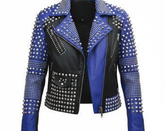 Chaqueta de motociclista de cuero azul con tachuelas para mujer / Abrigo de motociclista punk rock / Hecho a mano