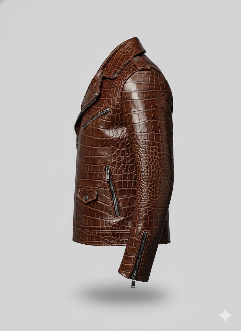 Puede incluir: Chaqueta de cuero marr&oacute;n con efecto piel de cocodrilo. La chaqueta tiene una cremallera asim&eacute;trica, un peque&ntilde;o bolsillo y cremalleras en las mangas. La chaqueta es de color marr&oacute;n medio.