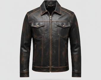 May include: A distressed brown leather jacket with a collared neckline, two chest pockets, and two side pockets. The jacket has a zip-up front and a weathered appearance, suggesting a vintage or rugged style. The jacket is designed for outerwear.