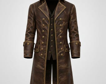 Pirate Captain Brown Leather Trench Coat: Cosplay Winter Costume
