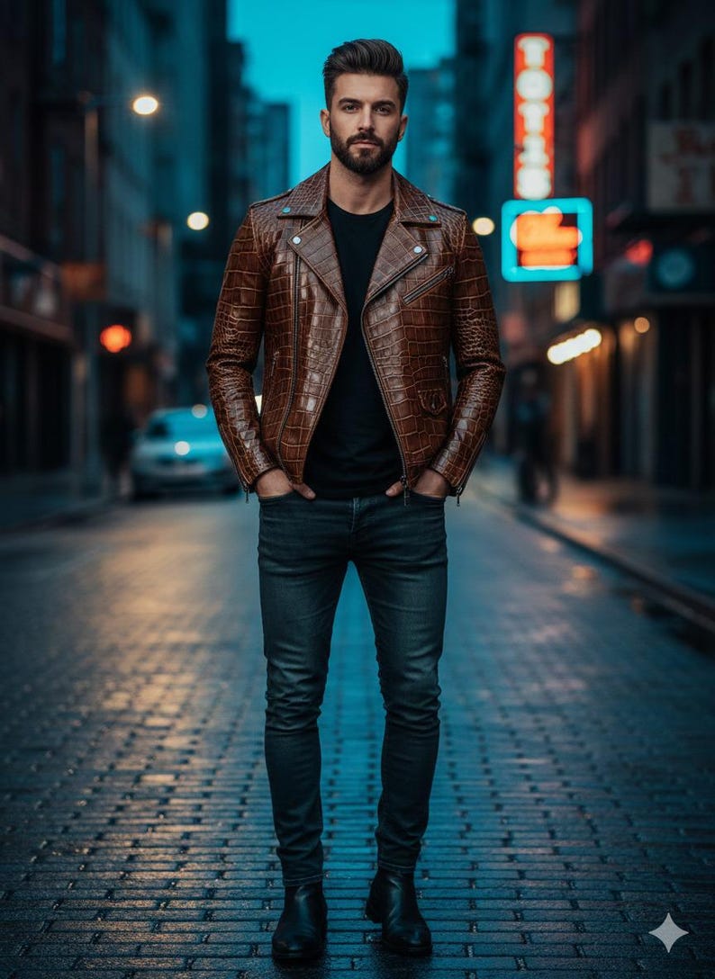 Puede incluir: Chaqueta de cuero marr&oacute;n con un patr&oacute;n texturizado, combinada con una camiseta negra y vaqueros oscuros. La chaqueta presenta un estilo motero cl&aacute;sico con cuello de solapa y detalles de cremallera. La persona lleva botas negras.