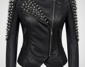 Chaqueta motera de cuero negro con pinchos para mujer / Abrigo gótico con tachuelas / Estilo punk rock