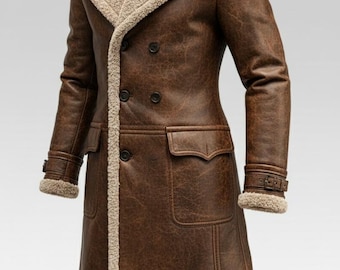 Men's Brown Distressed Leather Trench Coat, Shearling Collar, Vintage Winter Style