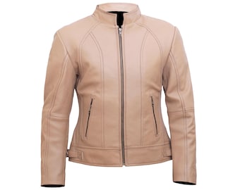 May include: A light beige leather jacket with a zip fastening and a stand-up collar.
