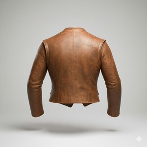 May include: A brown leather jacket with a classic design. The jacket features a round collar, long sleeves, and a tailored fit. The leather has a distressed appearance, with visible seams and panels. The jacket is shown against a neutral background.