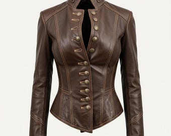 May include: A brown leather jacket with a high collar and multiple decorative buttons. The jacket has a fitted silhouette with detailed stitching and long sleeves. The jacket's color is a rich, warm brown.