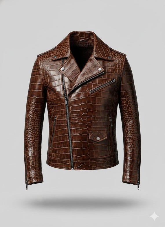 Men's Brown Crocodile-Embossed Leather Jacket| Designer Bomber Style Coat | Luxury Genuine Cowhide Outerwear