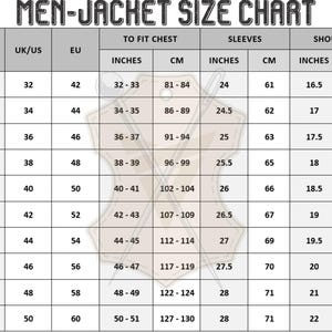 May include: A size chart for men's jackets, with measurements in inches and centimeters. The chart includes sizes from XXS to 5XL, detailing chest, sleeve, and shoulder dimensions. The text "MEN-JACKET SIZE CHART" is at the top.