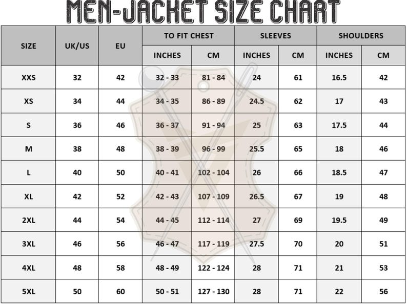 May include: A size chart for men's jackets, with measurements in inches and centimeters. The chart includes sizes from XXS to 5XL, detailing chest, sleeve, and shoulder dimensions. The text "MEN-JACKET SIZE CHART" is at the top.